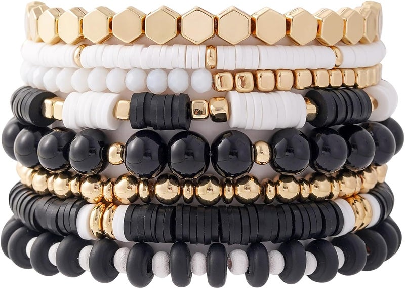 GOOJIDS Surfer Heishi Clay Bead Bracelets for Women Bohemian Stackable Gold Plated Beaded Stretch Bracelets Elastic Layering Friendship Bracelets Set Boho Jewelry - Image 1
